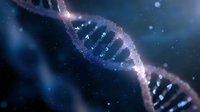Glowing DNA helix structure with blue and pink luminescent particles floating in dark space, showing genetic research and biotechnology advancement.