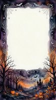 Watercolor Halloween frame with spooky castle, bats, pumpkins, spider webs, and bare trees, featuring a white center for text or design use.