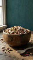 Wooden bowl filled with mixed legumes and beans on rustic table near window for healthy cooking and nutrition concepts.
