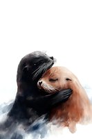 Tender watercolor illustration of two sea lions embracing, black and brown marine mammals showing affection against soft blue background. For nature art prints.