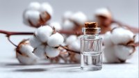 Natural cotton bolls with small glass bottle of essential oil on white background. Organic skincare concept.