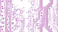 Purple circuit board pattern with electronic pathways and connection points on white background, seamless technology design for tech backgrounds.