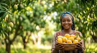 Young African woman farmer holding basket of fresh yellow mangoes in orchard during harvest season for agricultural and food production projects.
