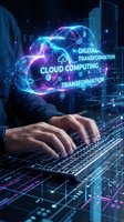 Businessman hands typing on laptop with glowing cloud computing hologram displaying digital transformation text and network connections in futuristic office.