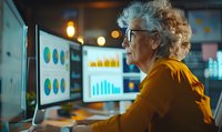 Senior woman with curly gray hair and glasses analyzing business data on multiple computer screens in dimly lit office environment.