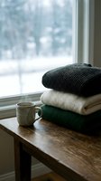 Cozy winter scene with stacked knit sweaters and warm mug on wooden table by snowy window, perfect for seasonal lifestyle and home decor projects.