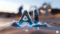 Glowing blue crystalline letters AI on sandy beach with bokeh lights and blurred figures in background, suitable for technology, artificial intelligence, and futuristic concepts.
