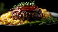 Juicy grilled beef patty topped with tomato sauce and rosemary, served with diced potatoes and green beans on dark plate.