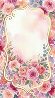 Floral frame with pink roses, ranunculus, and eucalyptus leaves surrounding ornate gold border on white background. Isolated design ready for invitations, greeting cards, and wedding stationery projects.
