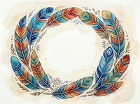 Watercolor boho feathers arranged in a circular wreath frame with colorful tribal patterns, isolated on white background for design use.