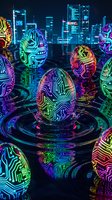 Futuristic neon circuit board Easter eggs glowing with vibrant colors against dark cityscape background for digital holiday celebrations and tech themes.