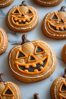 Halloween pumpkin cookies with orange icing and chocolate faces arranged on marble surface for festive autumn baking and seasonal treats.