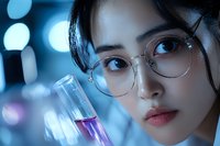 Young Asian female scientist in laboratory holding test tube with purple liquid against blue bokeh background. Close up portrait showing determination.