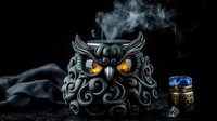 Mystical black owl sculpture with glowing amber eyes and ornate swirling patterns, accompanied by decorative vessel on dark background with rising smoke effects.