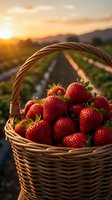 Fresh ripe strawberries in wicker basket at sunset on farm field with golden light and mountain landscape background for harvest season marketing.