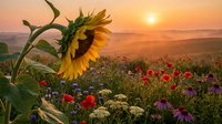 Sunflower blooming in wildflower meadow at golden sunset with rolling hills landscape. Agricultural summer scene with colorful flowers.