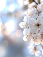 Delicate white cherry blossoms with golden stamens against soft blue bokeh background, macro photography capturing spring flowering branch in morning light.