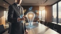 Professional businessman presenting innovative ideas with glowing lightbulb and digital icons in modern conference room for business strategy presentations.