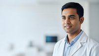 Young South Asian male doctor in white coat smiling confidently in modern medical office setting with blurred background for healthcare marketing.
