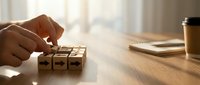 Business professional arranging wooden blocks with star ratings on office desk, representing customer feedback evaluation and quality assessment for corporate success.