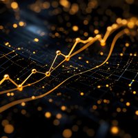 Golden financial chart line showing upward trend on dark background with bokeh light effects, representing market growth and economic success.