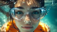 Close up portrait of young woman in swimming goggles underwater with turquoise water and golden sunlight creating magical atmosphere. Bubbles float around face.