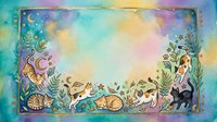 Watercolor frame with sleeping cats, celestial moon and stars, botanical leaves border on colorful gradient background for pet lovers and mystical designs.