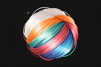 Colorful twisted yarn ball with vibrant gradient strands in orange, turquoise, pink and blue colors intertwined on black background, isolated design element.