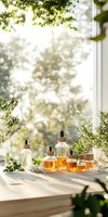 Essential oil bottles with droppers arranged on windowsill with fresh herbs and natural sunlight creating warm atmosphere for wellness and aromatherapy concept.