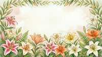 Watercolor floral frame with pink, orange, and white lilies, green leaves, and ferns on a soft pastel background with copy space.