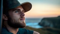 Young bearded man in baseball cap gazing at sunset over coastal cliffs, dramatic ocean view and warm evening sky creates contemplative outdoor scene.