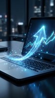 Laptop displaying glowing blue upward arrow and financial growth chart with digital effects emerging from screen in modern office environment.