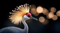 Elegant crowned crane with distinctive red and white head against dark background with golden bokeh lights creating dreamy atmosphere.