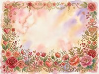 Romantic floral frame with roses, hearts, and ornamental swirls on soft watercolor background. Isolated design element suitable for invitations, greeting cards, and decorative projects.