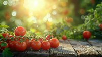 Fresh ripe cherry tomatoes on rustic wooden surface with sunlight and bokeh background, organic produce in garden setting with natural lighting.