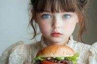 Young girl with blue eyes holding hamburger in white sweater looking at camera with serious expression for food advertising and childhood concepts.
