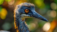 Close up portrait of wild emu bird head with bright orange eye and dark blue-black feathers against blurred natural bokeh background in golden sunlight.
