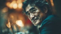 Elderly Asian man with wrinkled face and wise expression in dramatic lighting with warm bokeh background for storytelling and character portraits.