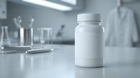 White medicine bottle with blank label on laboratory table with scientific equipment and glassware in blurred background for pharmaceutical research.