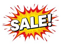 Comic book style sale burst with explosive yellow and red starburst design for promotional marketing and advertising campaigns.