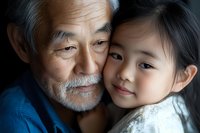 Tender moment between Asian grandfather and granddaughter showing close family bond and intergenerational connection against dark background.
