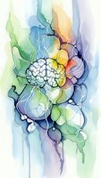 Abstract watercolor brain illustration with flowing organic shapes in rainbow gradient colors for mental health and creativity concepts.