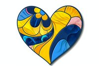 Decorative heart shape filled with swirling yellow and blue abstract pattern on white background, modern art style design element for valentines and love themes.