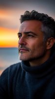 Mature Hispanic man with gray hair and beard wearing navy turtleneck sweater gazing thoughtfully at sunset over ocean, profile portrait with warm golden light.