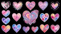 Colorful watercolor hearts collection with gradient fills, floral accents, and decorative patterns isolated on transparent background. Ready for t-shirt designs, stickers, clipart, sublimation, print-on-demand products, and digital crafts.