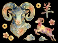 Watercolor Chinese zodiac goat set with ram portrait, leaping goat, lucky coins, cherry blossoms, and hieroglyph, isolated on transparent background, for stickers, sublimation, clipart.