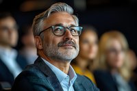 Confident mature businessman with glasses and gray beard smiling during corporate presentation or conference meeting with colleagues in background.