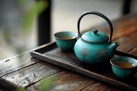 Traditional turquoise cast iron teapot with ornate floral pattern and matching cups on rustic wooden tray, filled with fresh tea in atmospheric lighting.