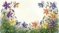 Watercolor floral frame with colorful columbine flowers in purple, blue, yellow, and red on white background, copy space for text.
