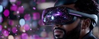 African American man wearing virtual reality headset with cosmic purple space effects and bokeh lights emerging, representing immersive digital experience and future technology.